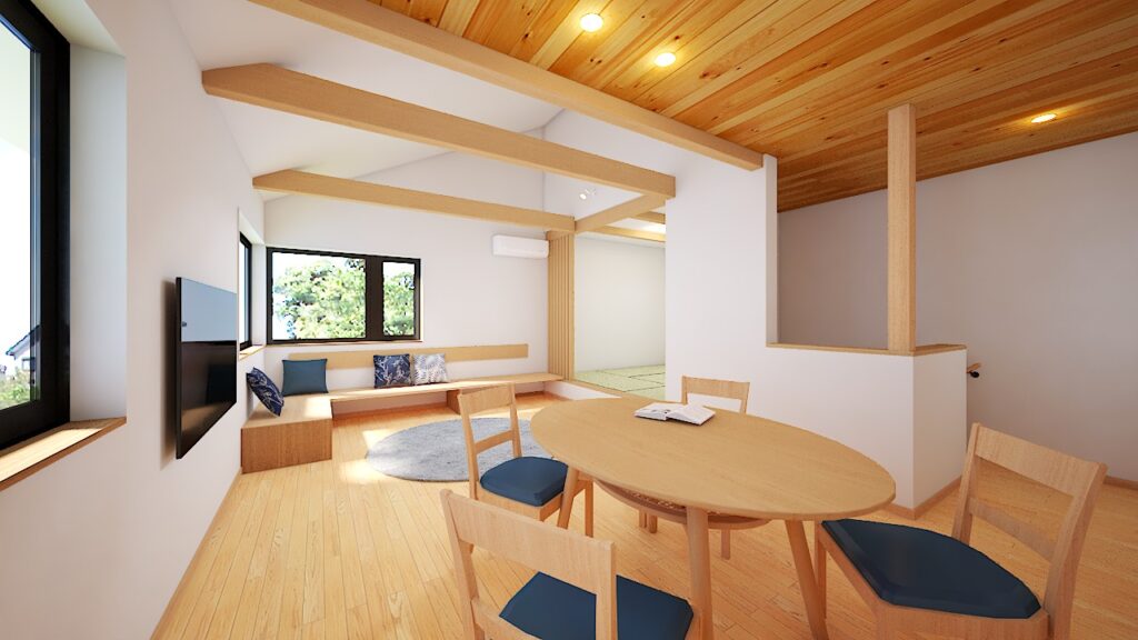 勾配天井で開放感溢れる階リビング